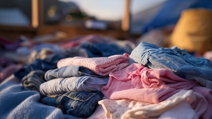 A second-hand children’s clothing swap event, parents exchanging garments laid out on colorful blankets — community sustainability, circular parenting practices, and budget-friendly eco living.