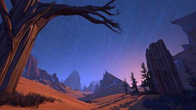 Pixelated Desert Landscape Under Starry Night