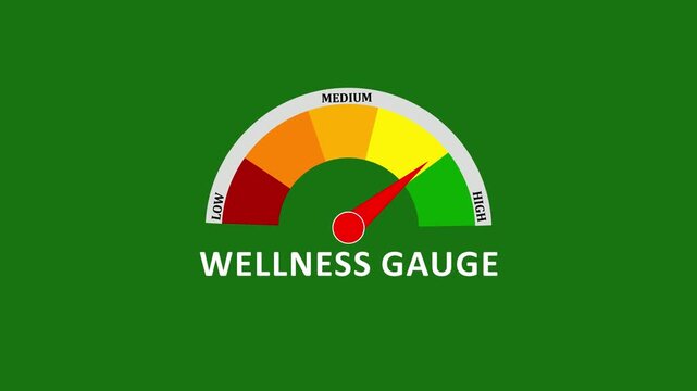 Animated wellness gauge meter showing status from low red zone to high green zone representing wellness, fitness, recovery and vitality.