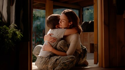 A servicewoman returning home from deployment and dropping her duffel bag as she kneels to embrace her child, tears mixing with relief in a heartfelt doorway reunion — emotional military