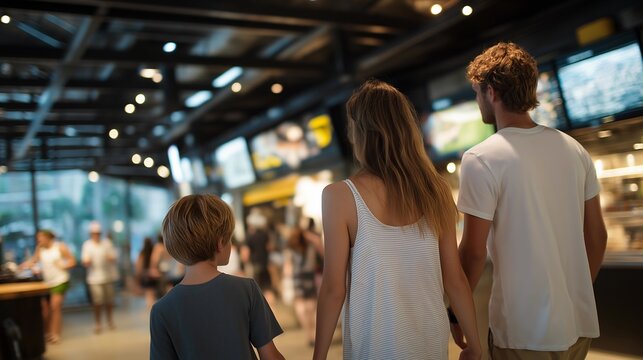 A family walking through a stadium concourse, stopping at concession stands with modern digital menus and interactive fan stations &mdash; game-day lifestyle, immersive fan engagement, and