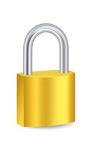 Naklejka premium A 3D rendered image of a shiny, golden padlock with a silver handle, isolated against a plain white backdrop