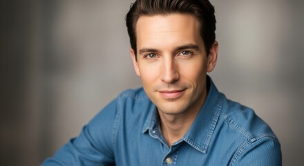 professional young man with confident expression wearing denim shirt