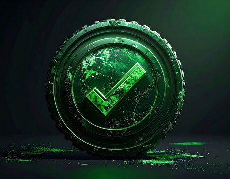 A 3D render of a green, textured coin with a checkmark symbol. The image has a dark, moody aesthetic