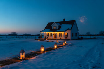 Obraz premium cozy winter home with lantern path and firework for new year celebration