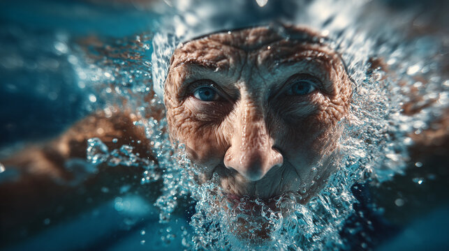 Senior woman swimming underwater, face covered in water and bubbles, determined blue eyes, close-up shot - Powered by Adobe