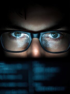 vision hacking and technology concept  close up of hacker eyes in glasses looking at computer screen in darkness no logos no brands ar 34