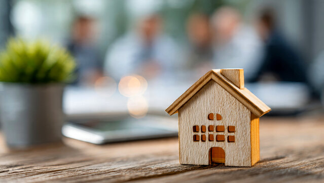 A miniature wooden house sits on a rustic table, representing home and mortgage concepts, with blurred figures in the background