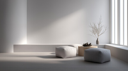Eastern Zen-inspired interior scene with long wooden table, candlesticks, and plants for a serene elegant space