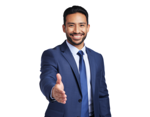 Male corporate consultant shaking hands in a welcoming gesture, isolated on a transparent background, PNG
