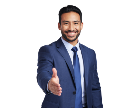 Male corporate consultant shaking hands in a welcoming gesture, isolated on a transparent background, PNG