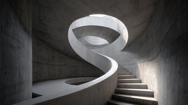 spiral concrete staircase in an observation tower featuring modern architectural design and dramatic lighting effects
