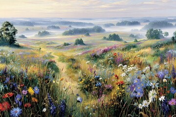 Colorful Meadow Landscape With Misty Sunrise
