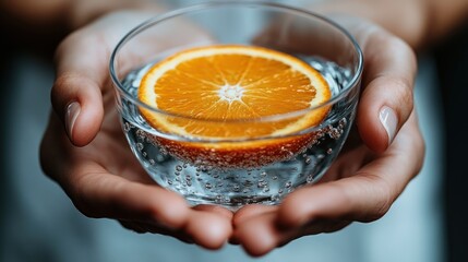Orange slice in water glass held gently