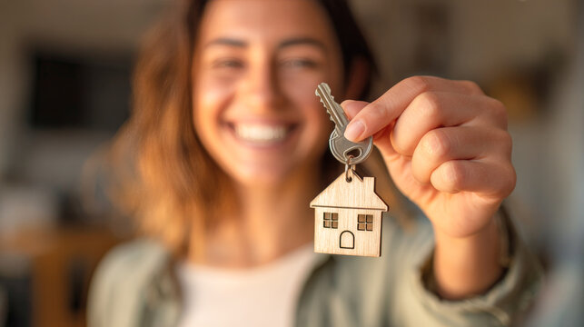 A smiling woman holding up a key with a house-shaped keychain, symbolizing new home ownership