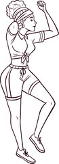 Curvy Black Woman Dancing in Retro Workout Outfit Line Art Vector Illustration