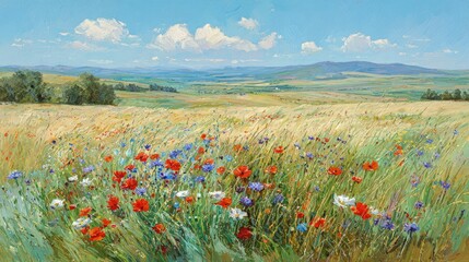 Colorful Wildflower Field Landscape On Sunny Day