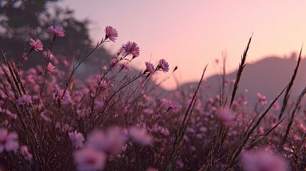 Pink Flowers Field At Sunset