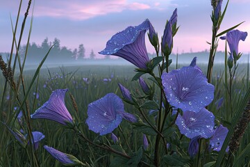 Purple Flowers In A Misty Meadow Morning