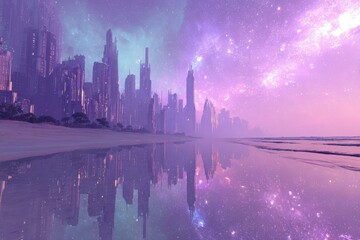 Pastel Pink City On Beach At Night With Stars