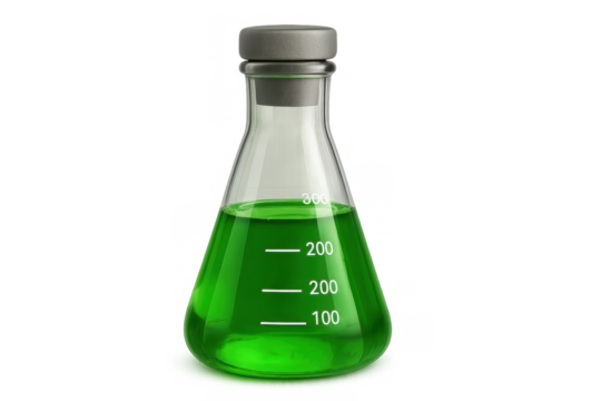 Erlenmeyer flask containing glowing green liquid, symbolizing scientific experiment, research, and laboratory work with chemicals