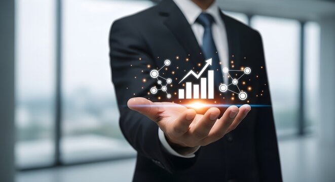 Businessman holding a digital projection of a rising bar graph and upward arrow, symbolizing growth and success.