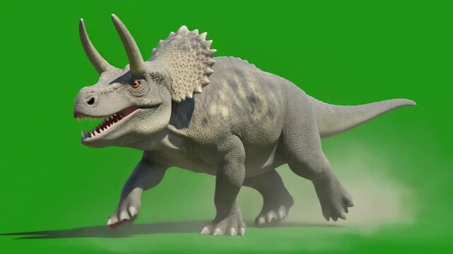 3D Triceratops dinosaur running on green screen, generative AI