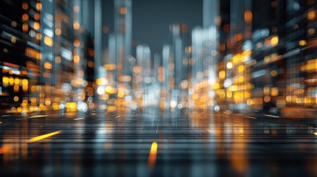 abstract corporate scene visualizing business transformation in a modern urban environment with blurred lights and reflections at night