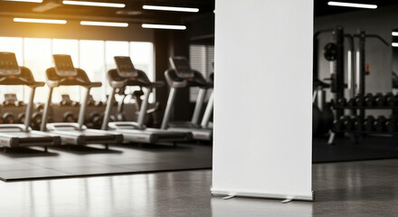 Modern gym interior with empty roll-up banner and fitness equipment in the background