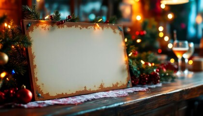 Festive holiday table display with blank menu board surrounded by decorations and drinks