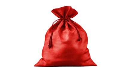 Isolated red fabric gift sack on a white background, perfect for a Christmas holiday present or decoration