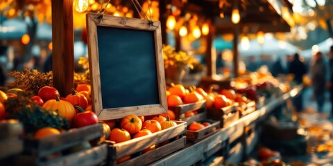 Charming autumn market stand with pumpkins and empty chalkboard for seasonal messages
