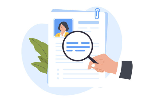 Illustration of Background Screening and Resume Check. A magnifying glass is used to scrutinize a candidate's resume, symbolizing detailed background screening, profile verification.