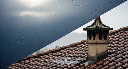 Chimney on a tiled roof against a dramatic sky.