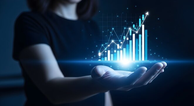 Woman holding a holographic projection of a rising bar graph with an upward trending line, symbolizing growth and financial success.