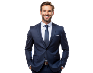 Confident male CEO standing with hands in pockets and smiling professionally, isolated on a transparent background, PNG
