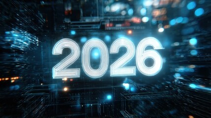 futuristic digital display with the year 2026 in glowing white numerals amidst a blurred backdrop of blue lights and circuit board patterns