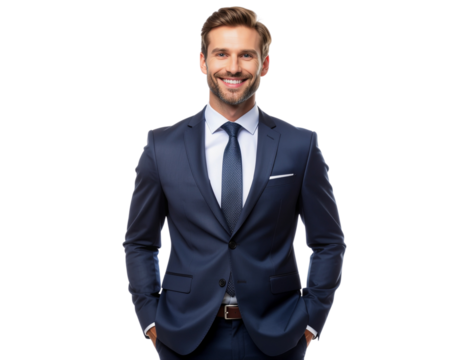 Confident male CEO standing with hands in pockets and smiling professionally, isolated on a transparent background, PNG