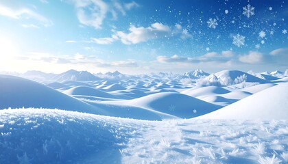 A snowy landscape under a bright, clear blue sky with falling snowflakes
