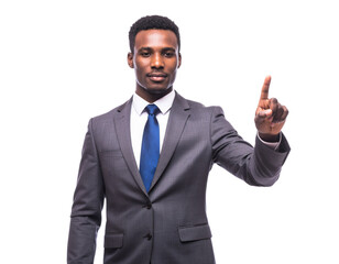 Male business presenter pointing to an invisible virtual screen, isolated on a transparent background, PNG