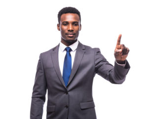Male business presenter pointing to an invisible virtual screen, isolated on a transparent background, PNG