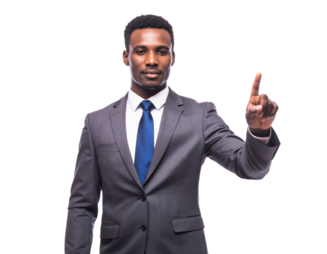 Male business presenter pointing to an invisible virtual screen, isolated on a transparent background, PNG