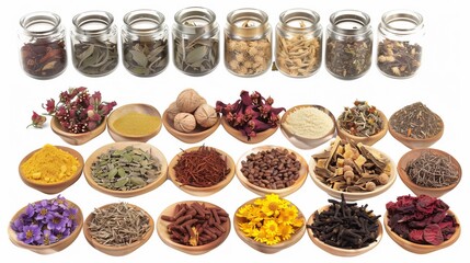 Array of dried herbs & spices in jars and wooden bowls against a white background