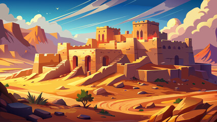 Ultra-realistic view of an ancient ruined fortress bathed in warm desert sunlight, surrounded by weathered stone walls and golden sand