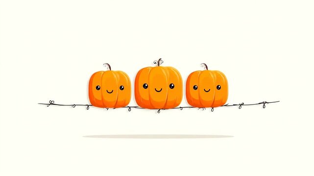 Three cartoon pumpkins with smiling faces and string lights