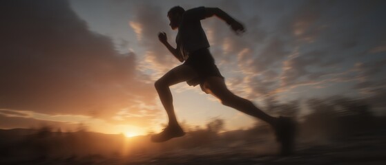 A silhouette of a runner in motion against a dramatic sunset, capturing the essence of speed and determination in a dynamic outdoor setting.