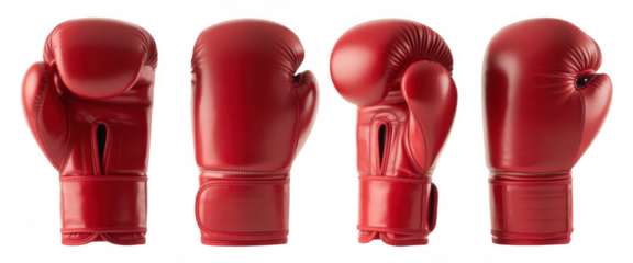 Four red boxing gloves in different views isolated on a transparent background
