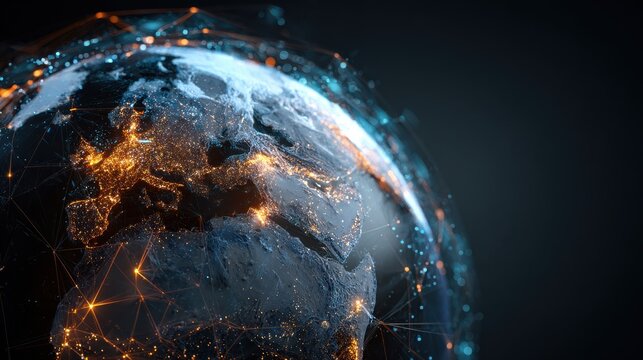a digitally glowing earth globe interconnected with network lines representing the concept of global patent procurement outsourcing in an advanced business environment