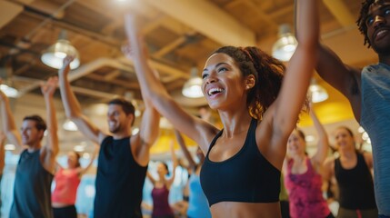 A vibrant group of people engaged in an energetic workout session, expressing joy and enthusiasm in a fitness environment.