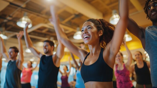 A vibrant group of people engaged in an energetic workout session, expressing joy and enthusiasm in a fitness environment.